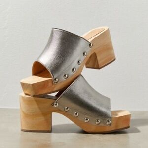 UO Square Toe Studded Platform Mule Clogs in Metallic Silver
